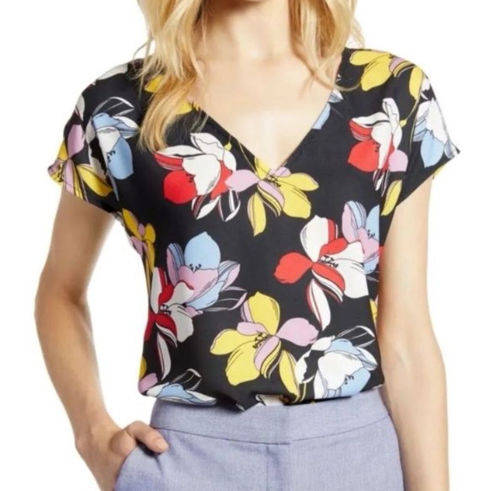 HALOGEN Cap Sleeve V Neck Top Black with Floral Print
